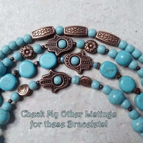 Hamsa Hand Blessings Bracelet! 7.5-8" Wrists! Turquoise Howlite + Copper Beads! - Picture 8 of 8